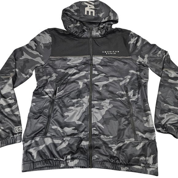 American Eagle Outfitters Other - American Eagle Softshell Hoodie Jacket L Black Gray Camo Zip Front Street Dark